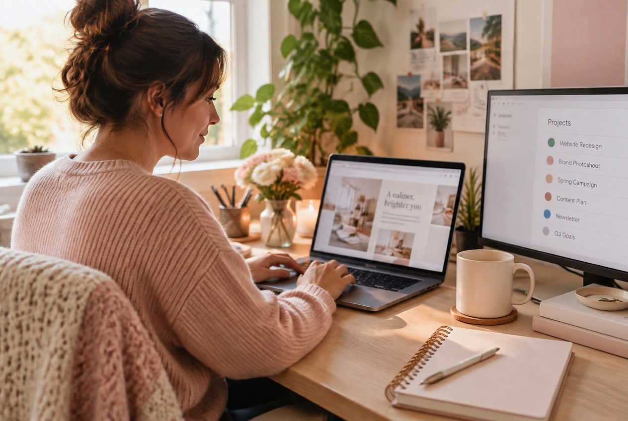 A woman working at her laptop and monitor in a sunny home office